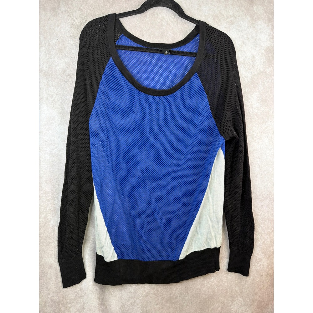 Torrid Sweater Womens 2 Blue Black Colorblock Mesh Open Knit Raglan Scoop Neck